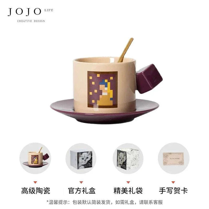 فنجان قهوة JOJO سيراميك عالي الجودة مع مقبض مكعب شطرنجي وتصميم عصري مع صحن وملاعق أنيقة