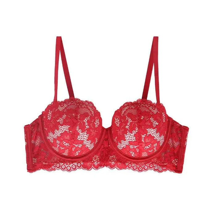 Red SKIMS Kardashian lace half-cup bra with underwire and adjustable straps for small breasts.