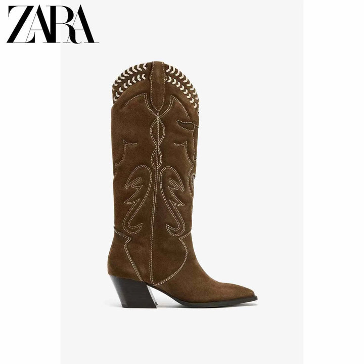 حذاء نسائي عالي من الجلد مطرز بكعب سميك مدبب من مجموعة ZARA2025 لخريف