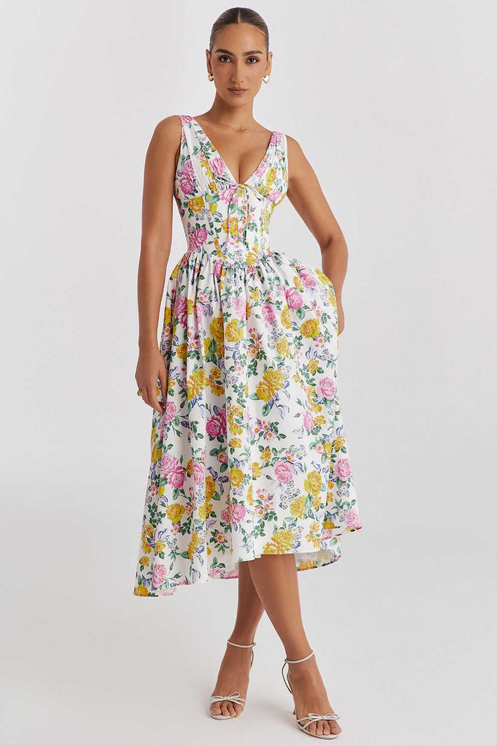 European style floral V-neck summer slip dress with a slim fit.