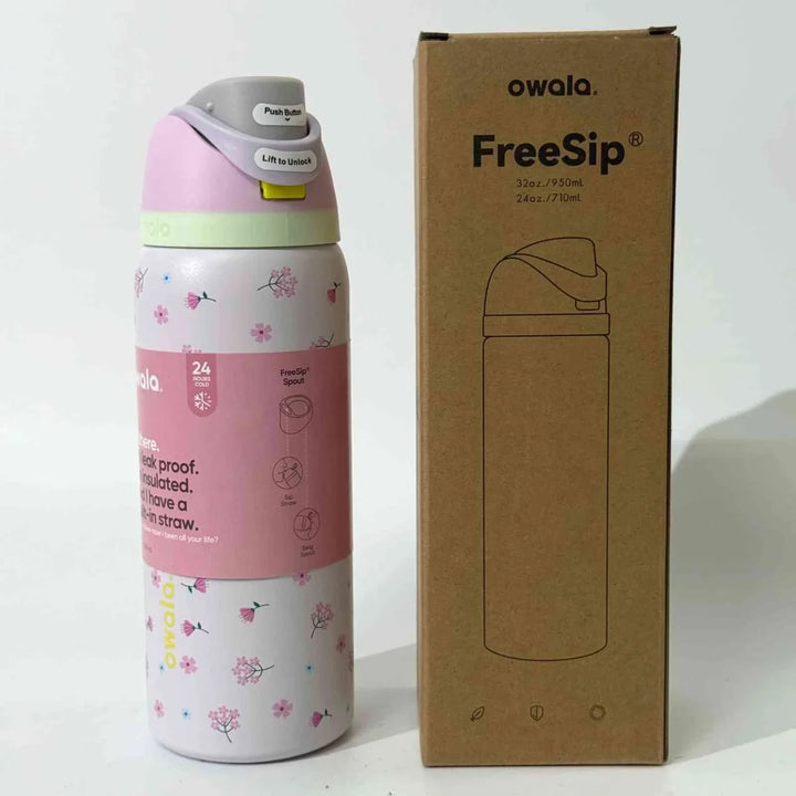 Owala Thermos CupKitty Limited Edition pink floral stainless steel insulated bottle with FreeSip lid and packaging box