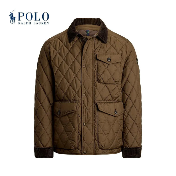 جاكيت Ralph Lauren بني زيتوني مبطن بتصميم كلاسيكي مع جيوب وأزرار وشعار مميز للرجال