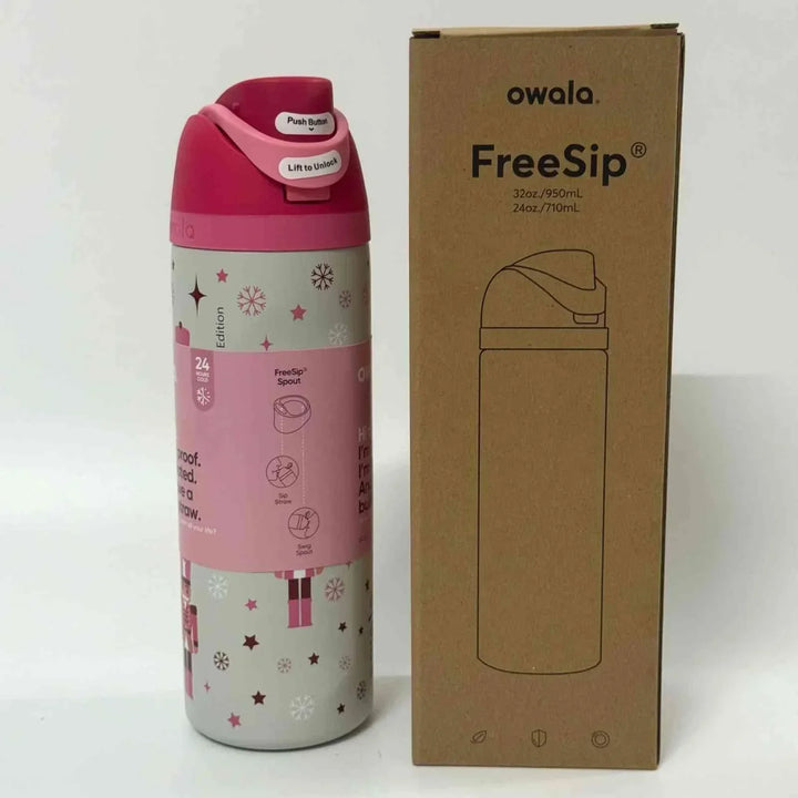 Owala Thermos CupKitty Limited Edition stainless steel water bottle with leak-proof design and FreeSip spout in pink and gray colors next to its packaging box