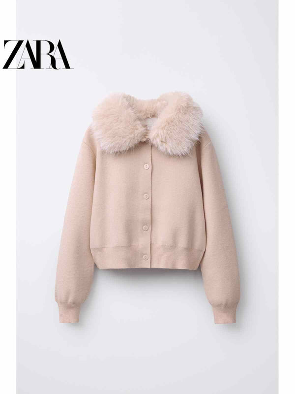 كارديجان نسائي من ZARA بياقة فرو ناعم بلون بيج أنيق وكاجوال