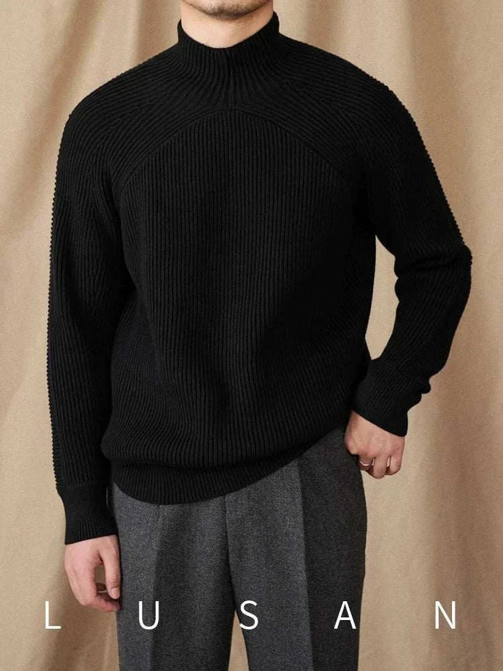 Mr. Lu San pullover sweater black ribbed knit with short collar and long sleeves for men