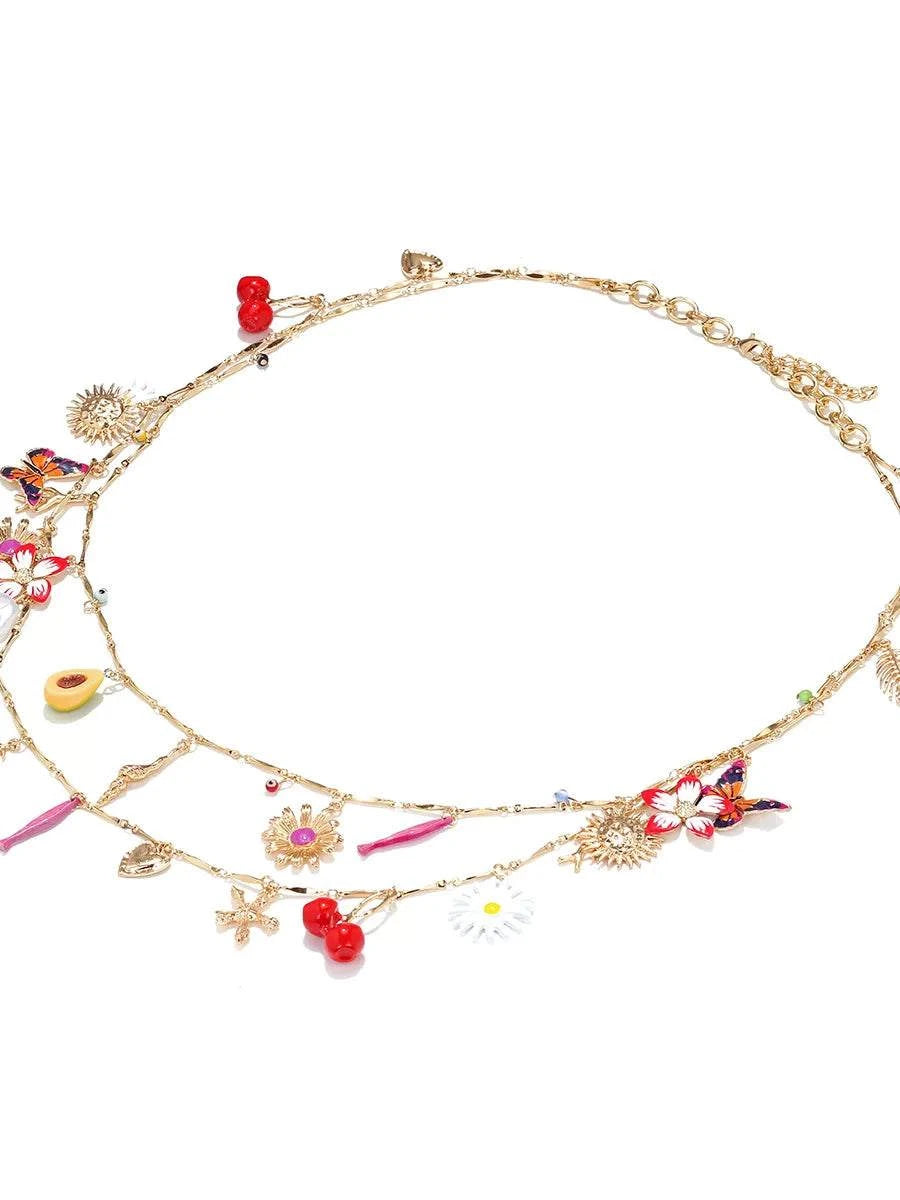 عقد ذهبي طبقتين بدلايات ملونة متنوعة Charm Necklace.