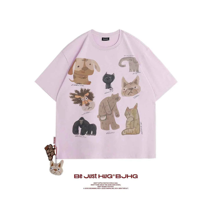 Light purple casual t-shirt featuring playful cartoon animal illustrations with a comfortable and high-quality fabric design.