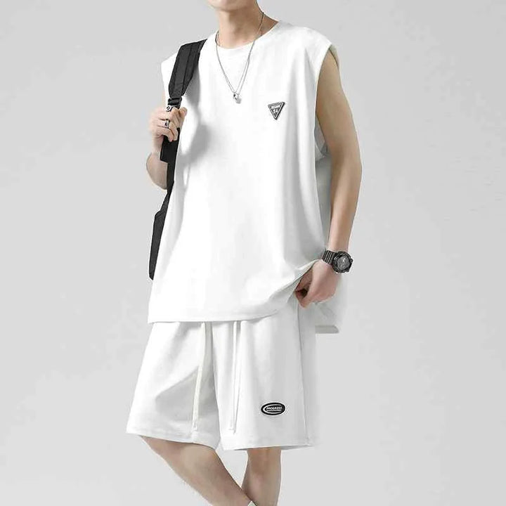 Men's white sleeveless summer set made of soft, breathable Ice Silk fabric with adjustable shorts and casual fit.
