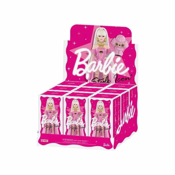 Box of POPMART Barbie Fashion Series Blind Box figures displayed in vibrant packaging.