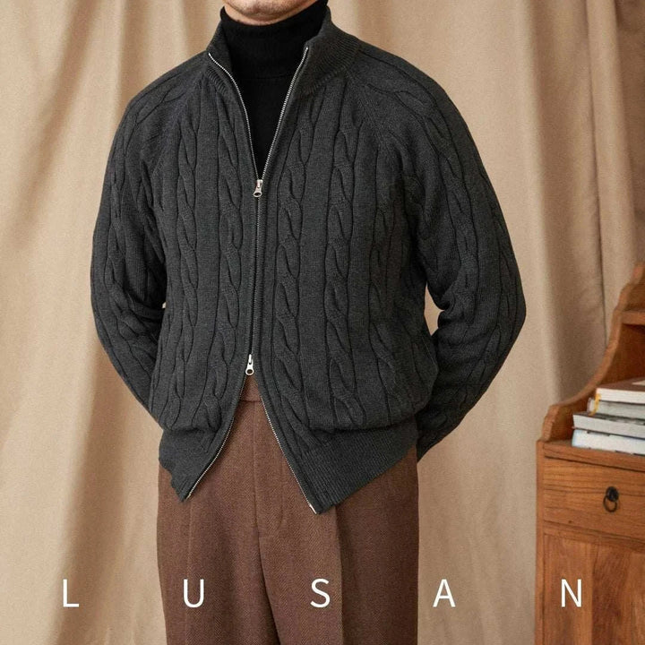 Mr. Lusan cotton knitted British cardigan in dark gray with hand-knit cable design and double zipper closure