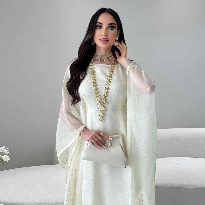 Elegant crystal-studded robe with wide sleeves and loose fit, perfect for formal occasions.