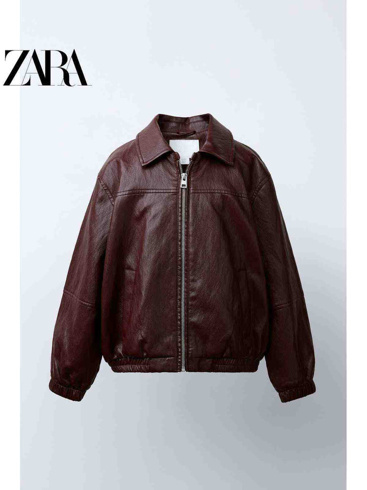 جاكيت جلد صناعي بني طويل الأكمام للبنات من ZARA2025 Autumn خريف 2025 بأزرار وسحاب أمامي