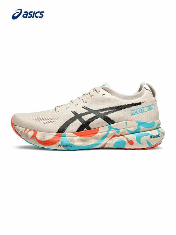 حذاء ASICS GEL-KAYANO 31 TOKYO بلون بيج مع تفاصيل زرقاء وبرتقالية، مصمم للثبات والراحة في الجري لمسافات طويلة.