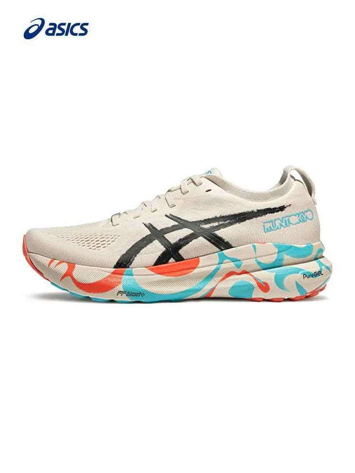 حذاء ASICS GEL-KAYANO 31 TOKYO بلون بيج مع تفاصيل زرقاء وبرتقالية، مصمم للثبات والراحة في الجري لمسافات طويلة.