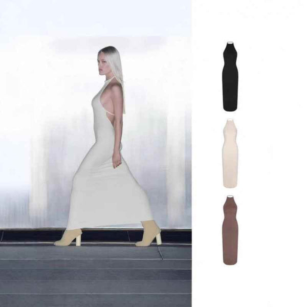SKIMS open back maxi dress with thin straps and slim fit in beige, black, and brown colors