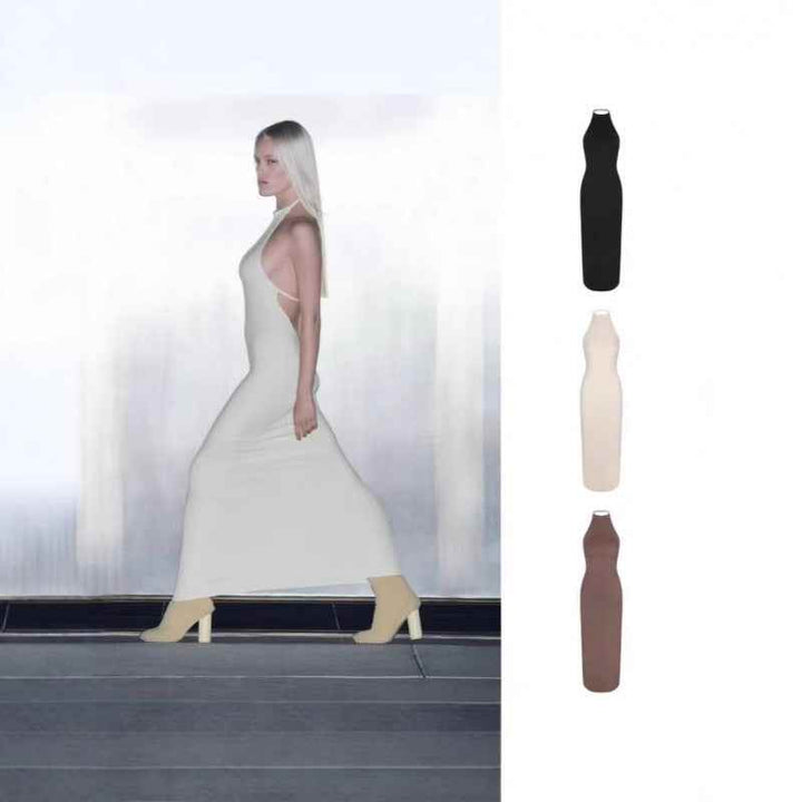 SKIMS open back maxi dress with thin straps and slim fit in beige, black, and brown colors