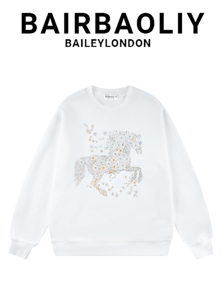BAIRBAOLIY2025 autumn and winter new light luxury high-quality heavy craft war horse hot diamond fashion casual crew neck sweatshirt