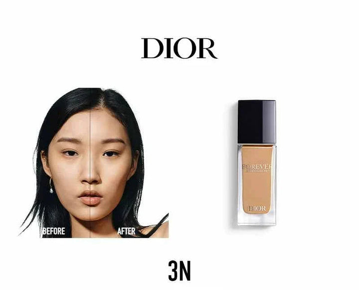 Dior Forever Foundation bottle with before and after face showing radiant, long-lasting natural finish