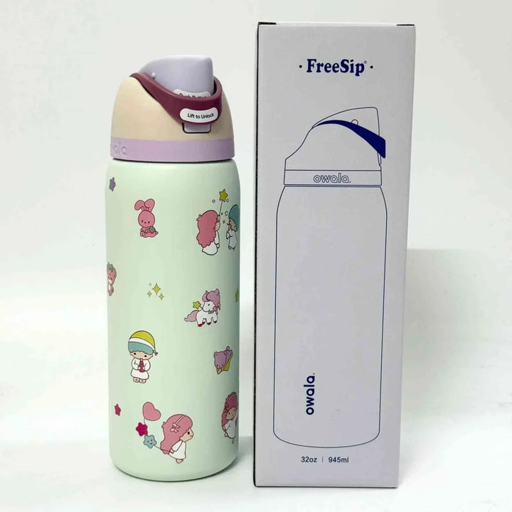 Owala FreeSip Cute Edition water bottle with leak-proof dual sip spout and adorable character design, keeps drinks cold for 24 hours.