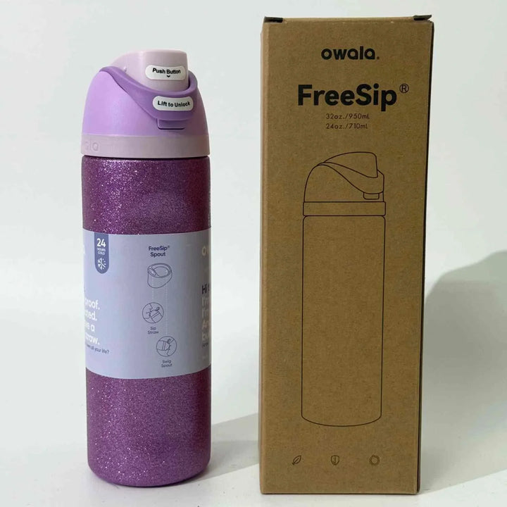 Purple Owala Thermos CupKitty Limited Edition with leak-proof lid and accompanying brown box packaging.
