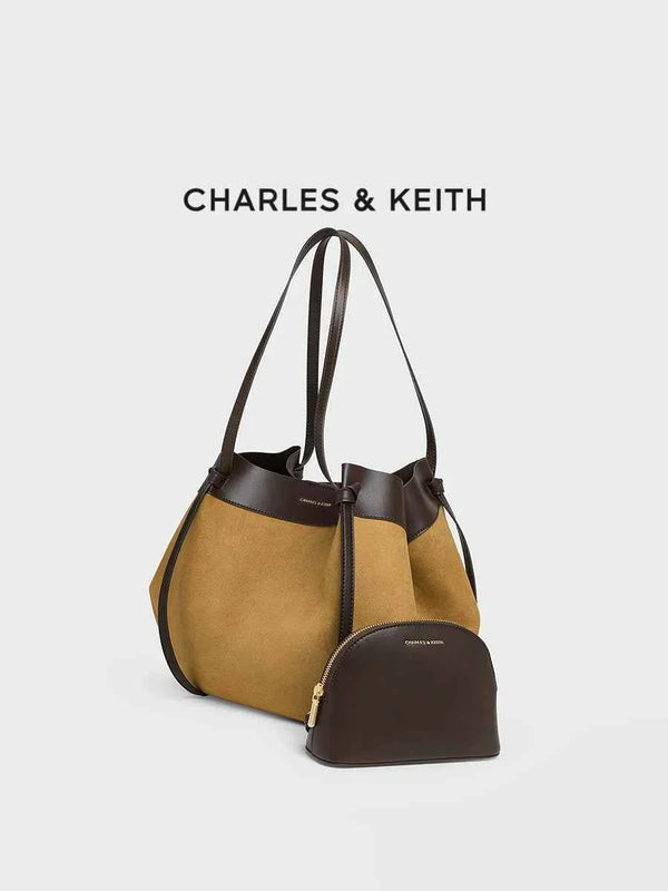 CHARLES & KEITH two-tone wide tote bag with small inner pouch brown and tan design