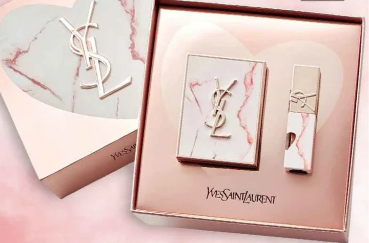YSL Pink Marble Limited Edition makeup set with pink marble design and luxury packaging