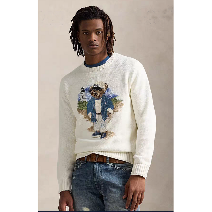 كنزة بولو بير مطرزة من القطن للرجال 2025 شتوي بلون أبيض وتصميم أنيق مريح