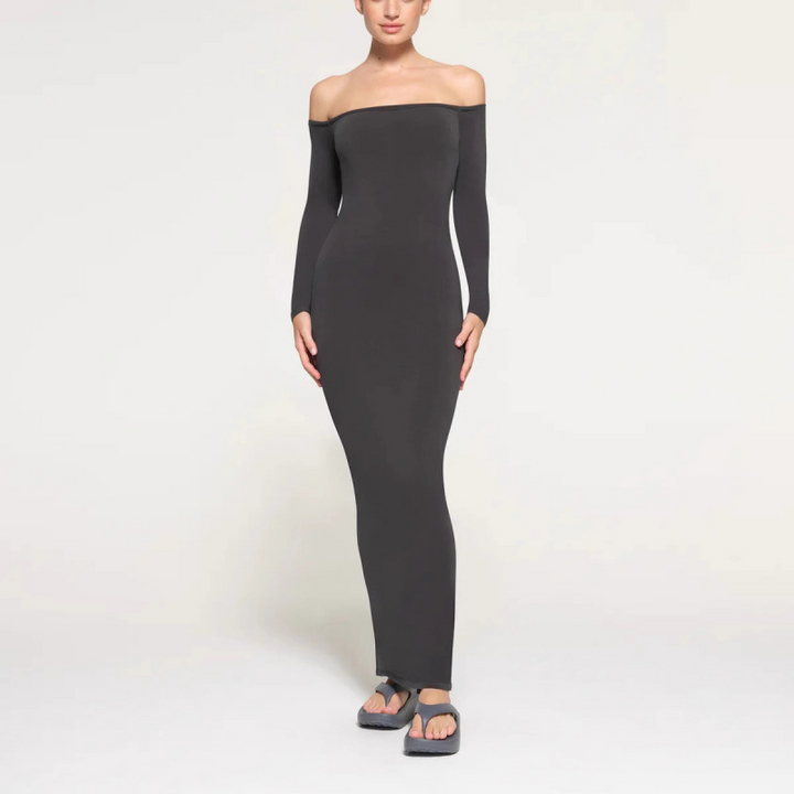 SKIMS off-shoulder long black maxi dress with long sleeves and fitted silhouette