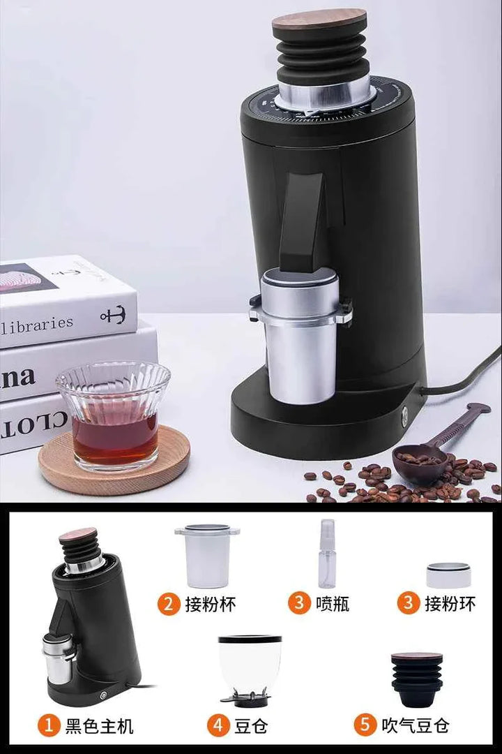 Italian DF83 Grinder black coffee grinder with dosing cup and accessories on white background