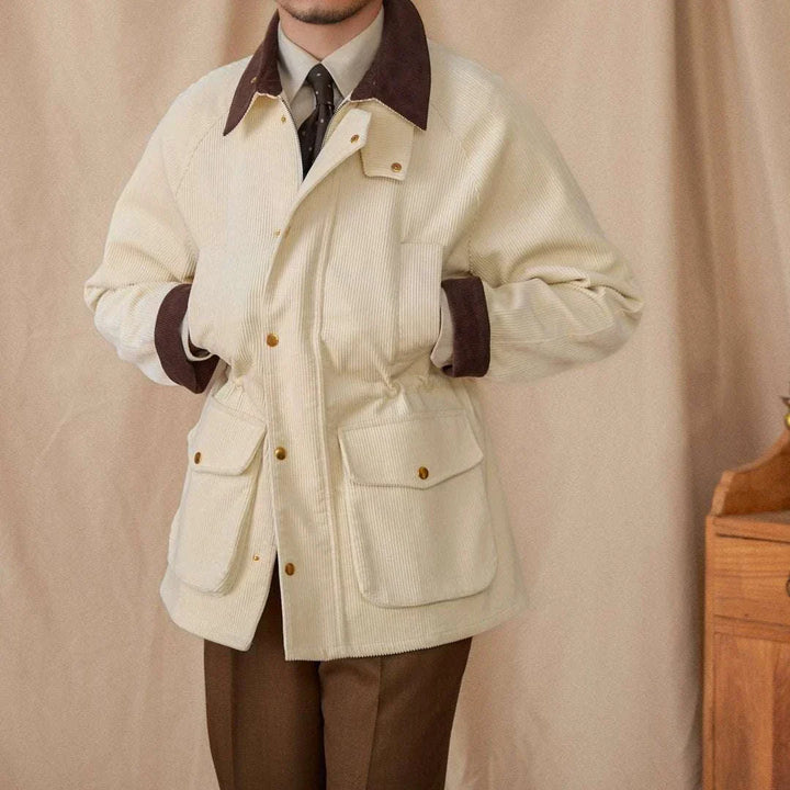 Mr. Lusan Italian gentleman pure cotton corduroy jacket with dark brown collar and cuffs, beige color, front pockets, and copper buttons