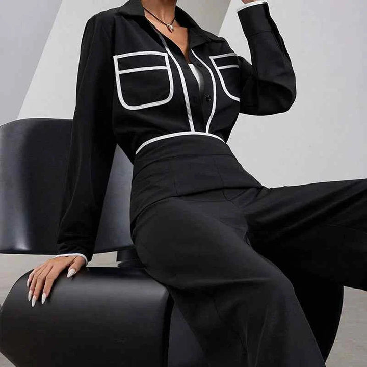 Women's Summer 2025 retro black shirt with white contrast trim and matching straight pants suit