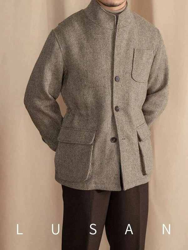 Mr. Lusan jacket vintage beige tweed men's coat with pockets and brown buttons for cold seasons