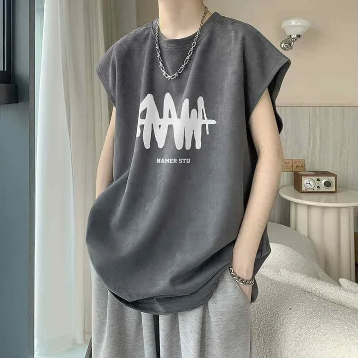 gray sleeveless SAUVIBCLUB t-shirt with graphic print and chain necklace, casual street style