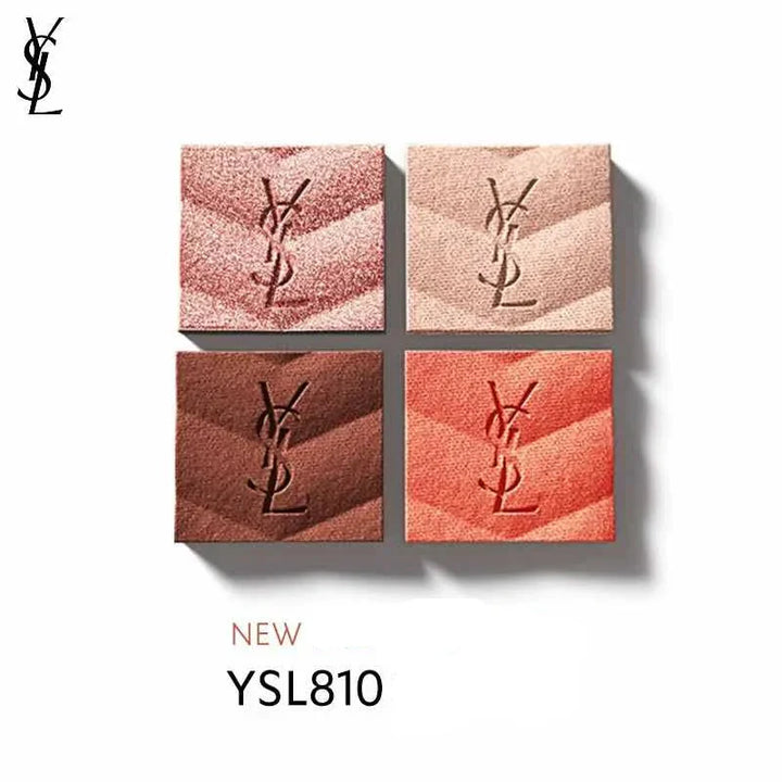 باقة ظلال عيون YSL Couture Color بأربع ألوان دافئة وفاخرة مع شعار YSL محفور على كل لون، تصميم أنيق وتركيبة حريرية غنية بالأصباغ