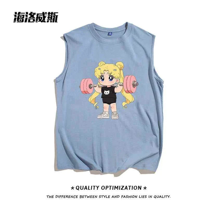 Blue sleeveless girls' sports cut t-shirt with cartoon girl lifting pink weights, cotton fabric, anime style design