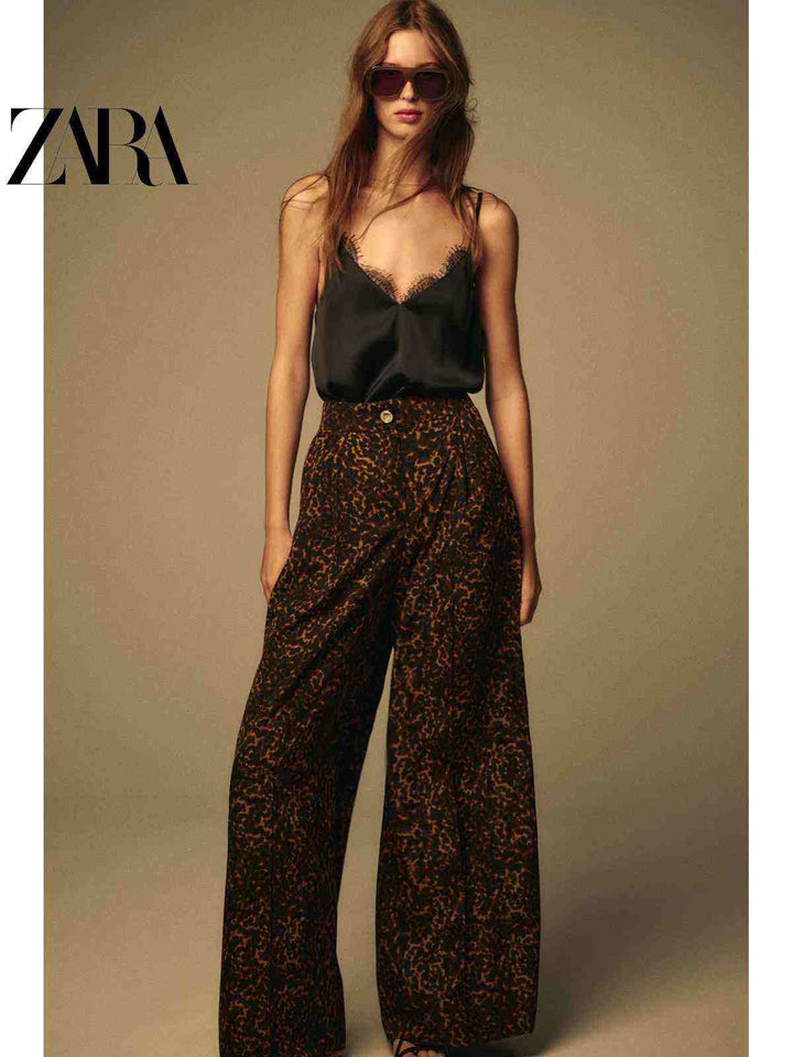 بناطيل نسائية واسعة بطبعة حيوانات من مجموعة ZARA2025 Fall بأسلوب كاجوال أنيق