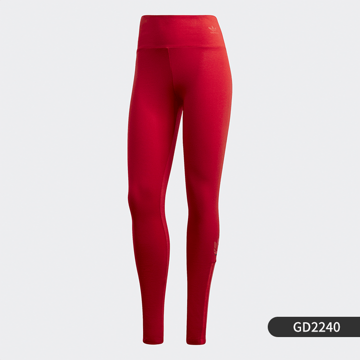 Red Adidas leggings with colorful side stripes, flexible and comfortable fit, ideal for sports and casual wear.