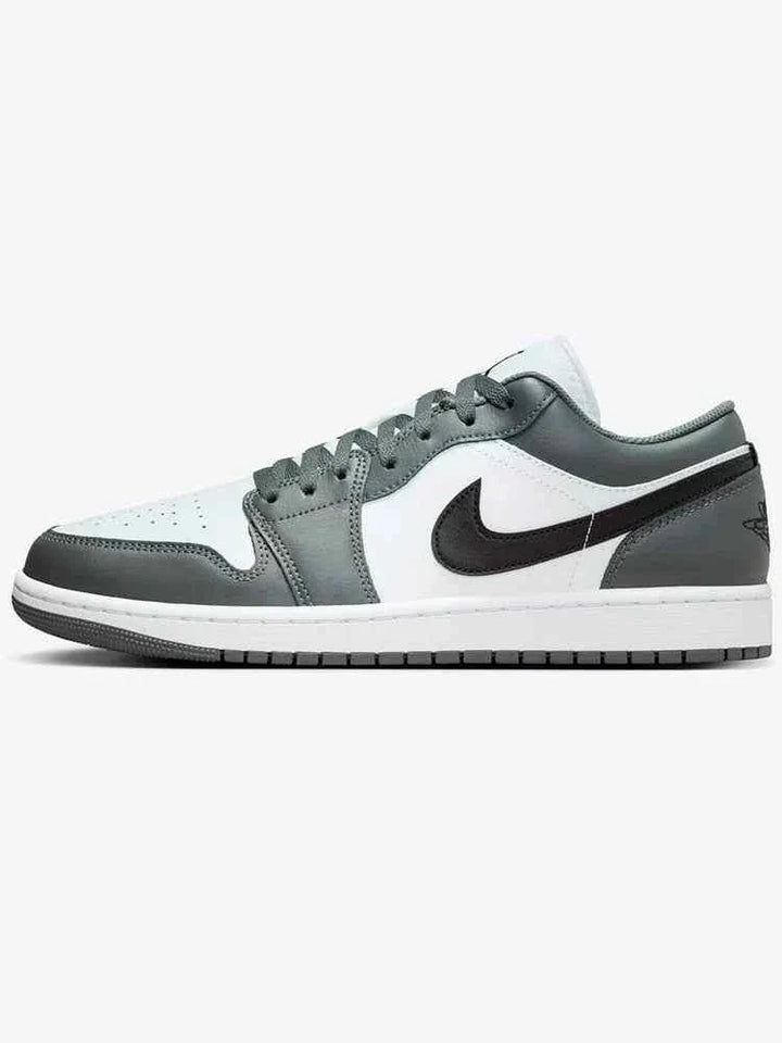 Nike men's shoes Air Jordan 1 Low in white, black, and iron gray.