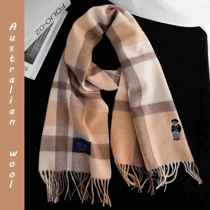 وشاح صوفي من الصوف الأسترالي بنقشة مربعات مع دومى دب على الطراز البريطاني الكلاسيكي للشتاء للرجال والنساء