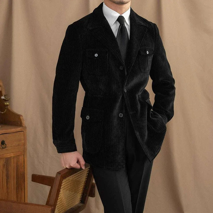 Mr. Lusan Jacket British black corduroy jacket with classic collar and buttoned pockets