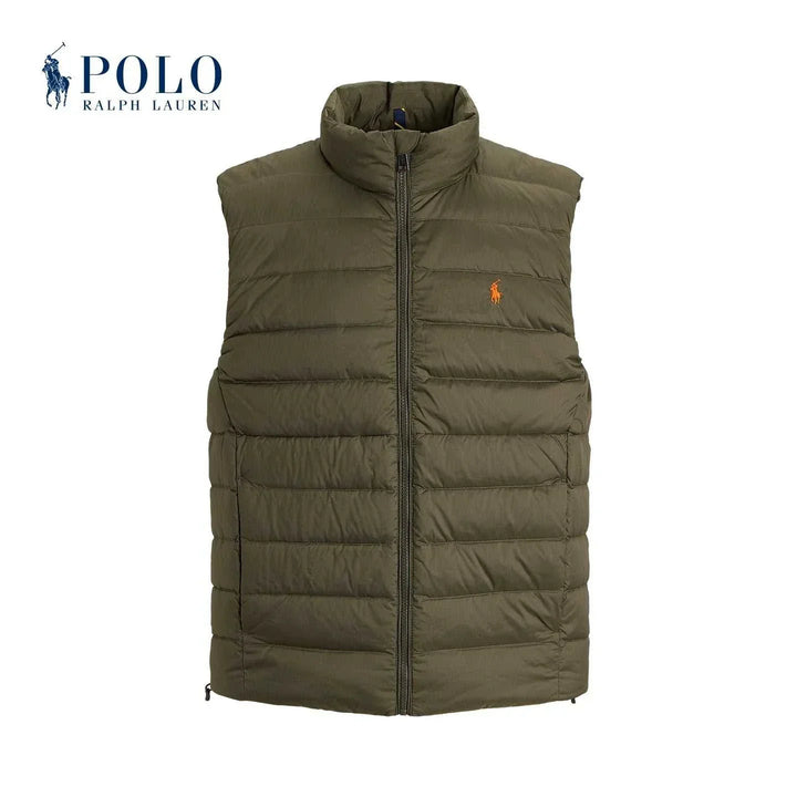 سترة Ralph Lauren مبطنة بلون زيتوني عسلي مع شعار برتقالي ومضادة للرياح بخياطة خفيفة