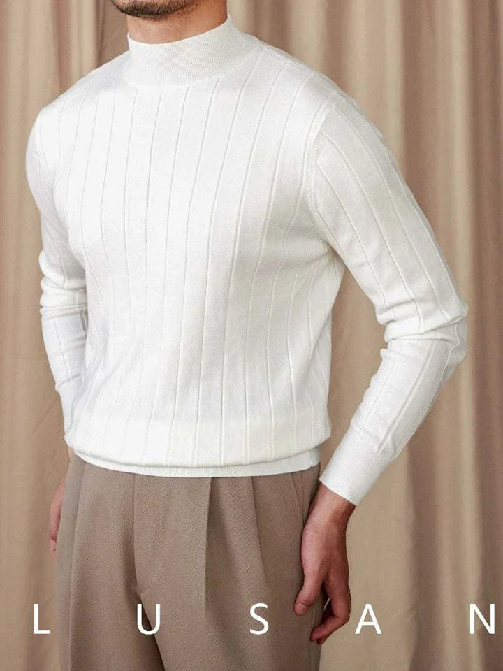 Mr. Lusan pullover slim wool Italian semi-turtleneck sweater in white with vertical ribbed design and slim fit