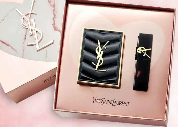 YSL Pink Marble Limited Edition makeup set with pink marble design and black gold-accented compact and lipstick in elegant packaging