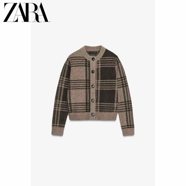 ZARA كارديجان نسائي كارو كاجوال أنيق بتصميم مبطن وأزرار أمامية بنمط مربعات دافئ ومريح