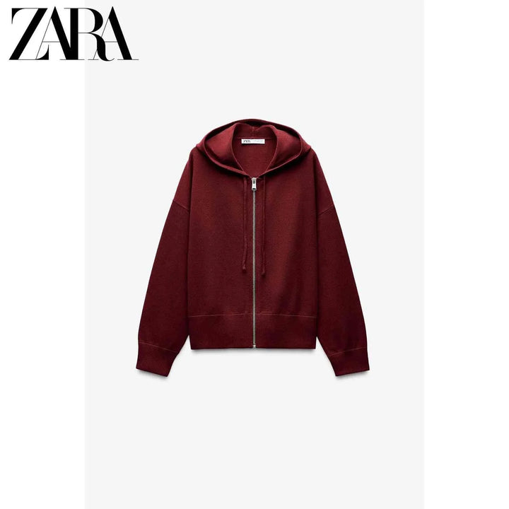 ZARA هودي نسائي كاجوال أصلي بألوان داكنة وقصة عصرية مع سحّاب وغطاء رأس