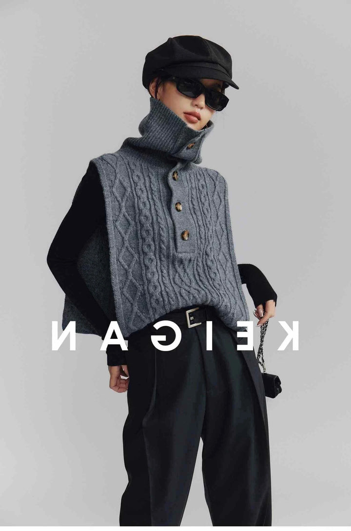 Ruoshi سترة محبوكة نسائية كاجوال بأزرار وياقة عالية بتصميم عصري وملمس ناعم