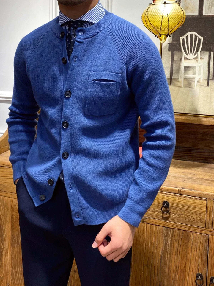 Mr. Lu San British slim blue cardigan jacket with front buttons and chest pocket for stylish men