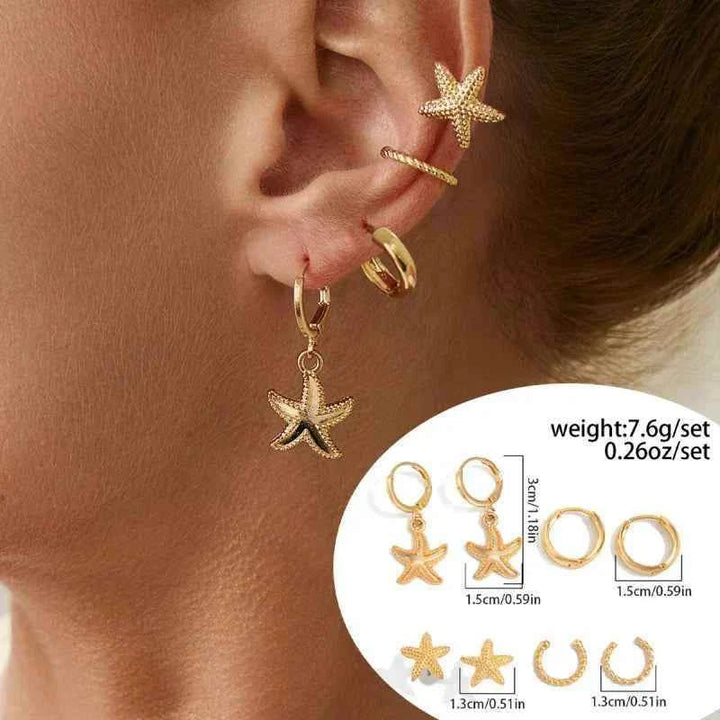 أقراط نسائية صغيرة بتصميم زهرة ونجمة وStarfish ستايل عطلة 2025 باللون الذهبي مناسب لإطلالات يومية وأنيقة بأسلوب أوروبي وأمريكي.
