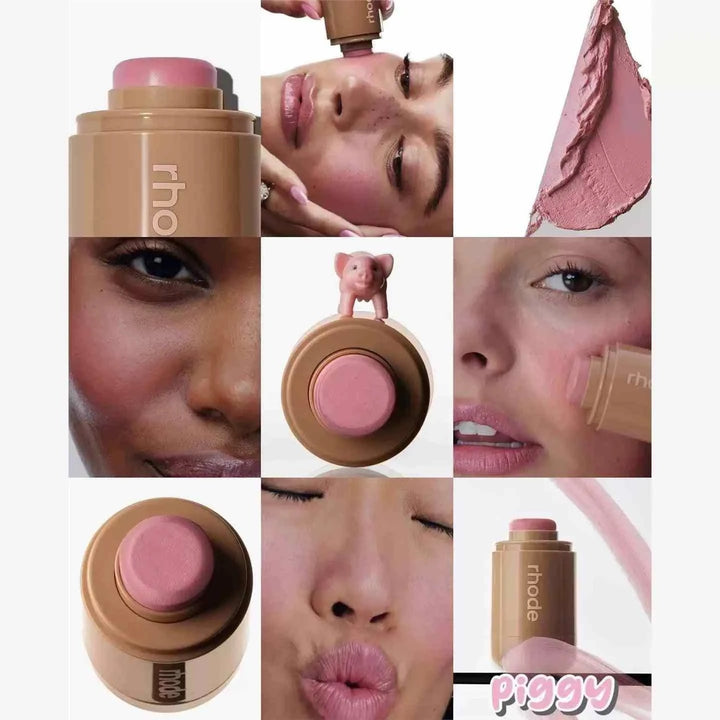 Rhode Pocket Blush Stick in Piggy shade shown on diverse skin tones with creamy pink texture and compact stick design for cheeks and lips.