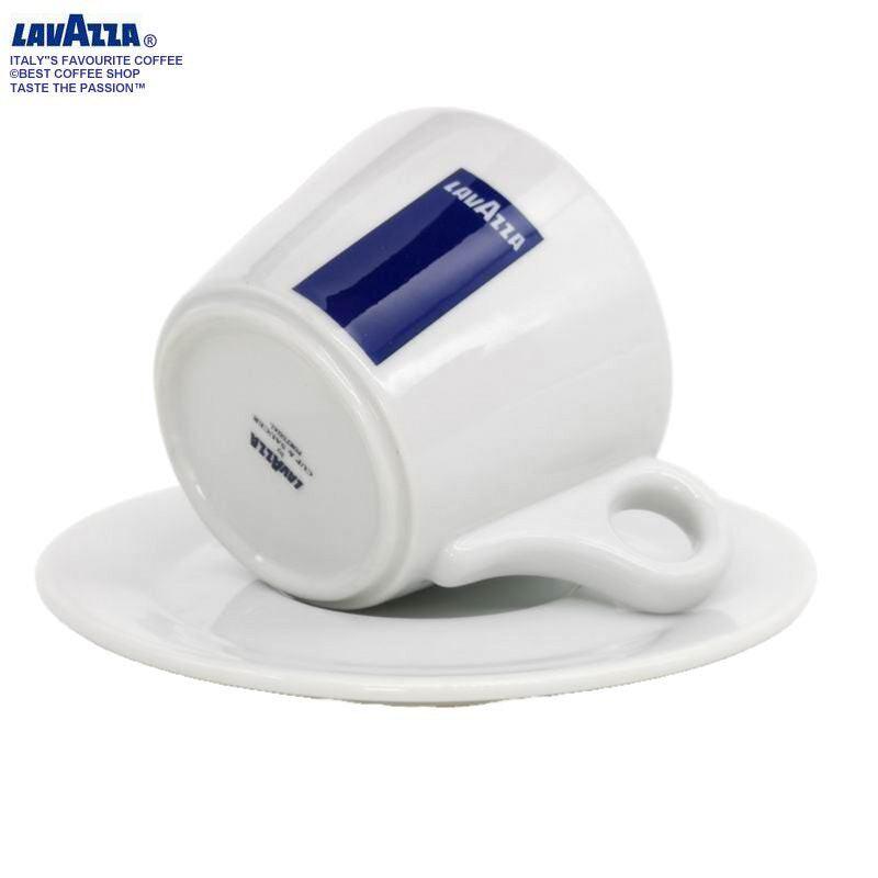 طقم فنجان قهوة Lavazza مع صحن - بورسلين أبيض وأزرق.